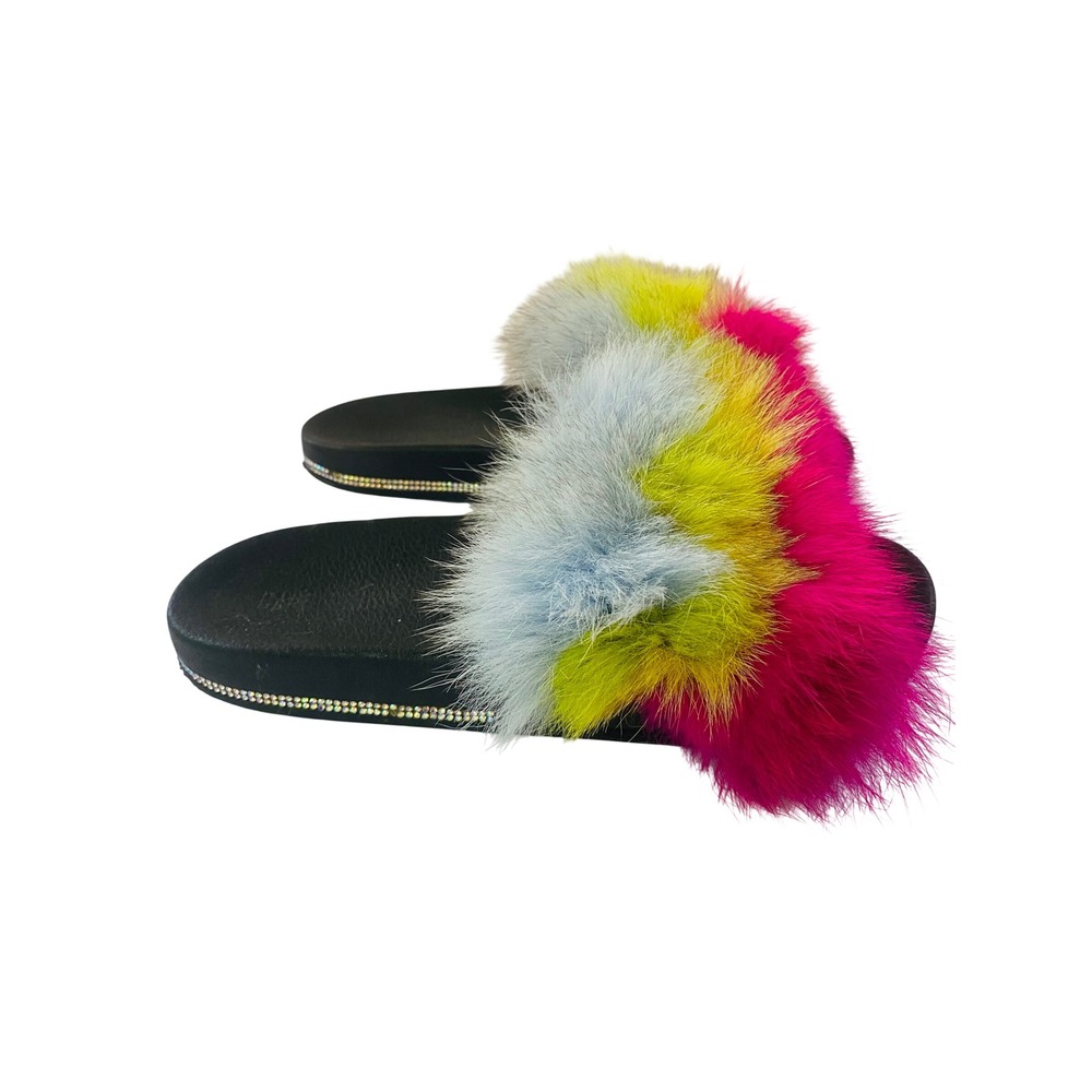 Cape Robbin Womens Multi Color Faux Fur Rhinestone Trim Slide Sandals Black Sz 7